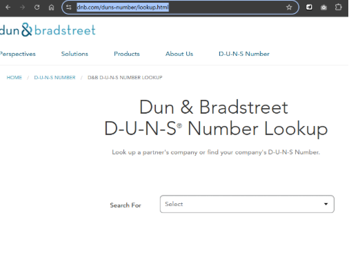 D&B D-U-N-S Lookup 페이지